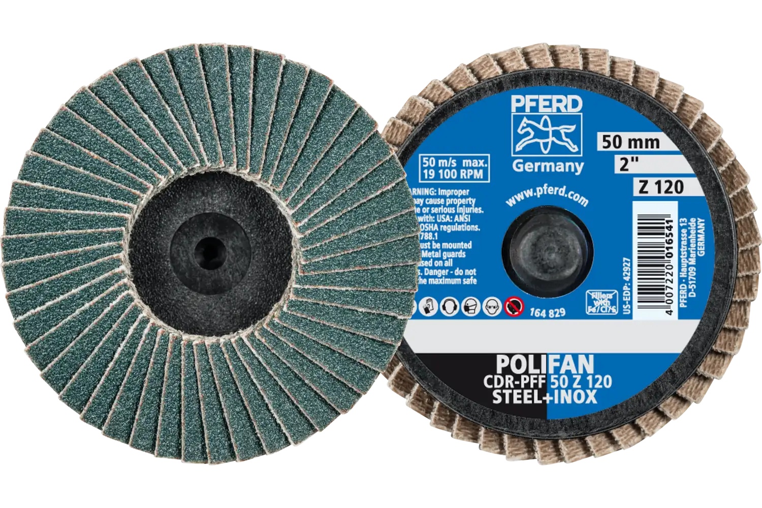 Picture of Pferd Mini Flap Disc, 2" Dia, Type CDR, 120 Grit, Flat, Zirconia alumina